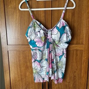 Green and Pink Ruched Tie Front Swim Top